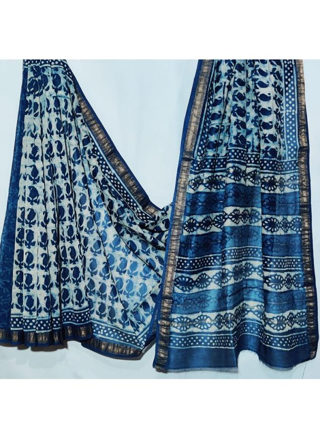 Maheshwari Silk Blue Traditional Wear Block Printed Saree